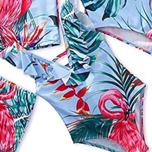 Amazon Light Blue One-Piece Swimsuit with Pink Flamingo & Tropical Leaves